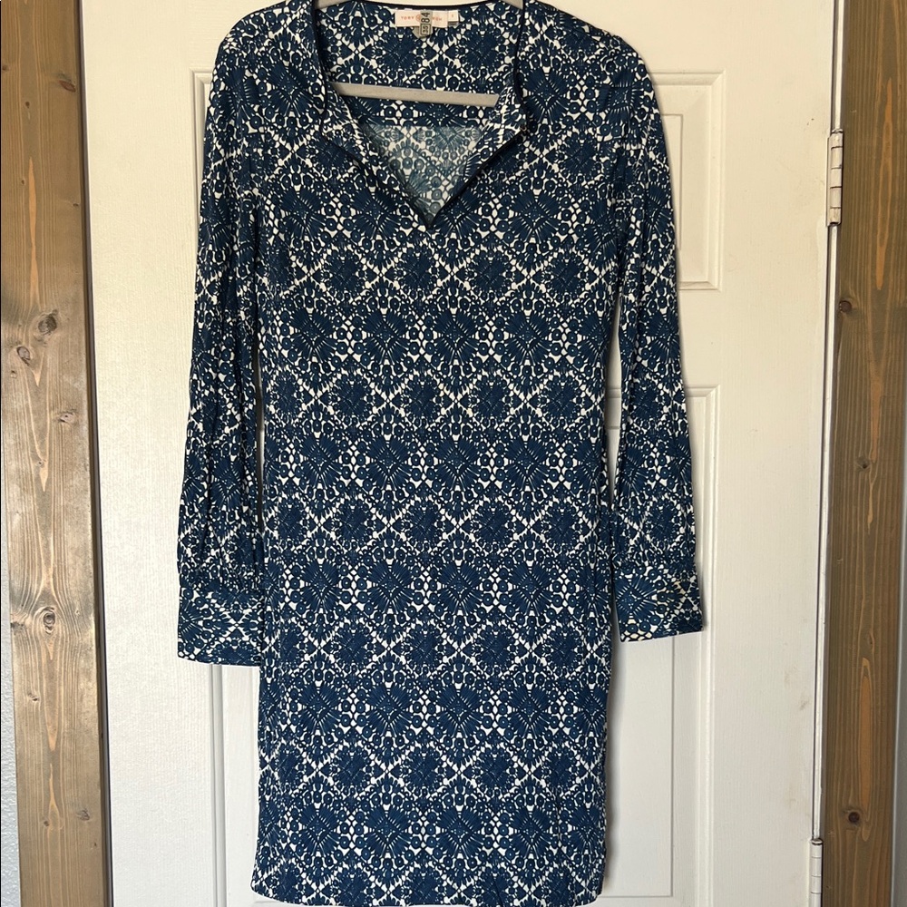 Tory Burch Navy and White Long Sleeve Dress